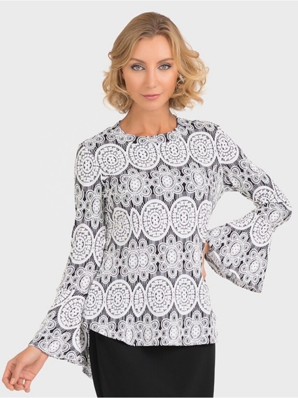 Joseph Ribkoff Lace Print Blouse Black White Bell Sleeve High-Low Size 10 /M